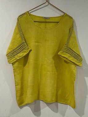 Alessia Pacini Italy Green Linen Top Short Sleeve Crochet Lace BOHO
Size 1X